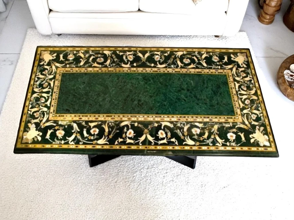Luxury Green Marble Table Top with Gemstone Inlay Art Decor